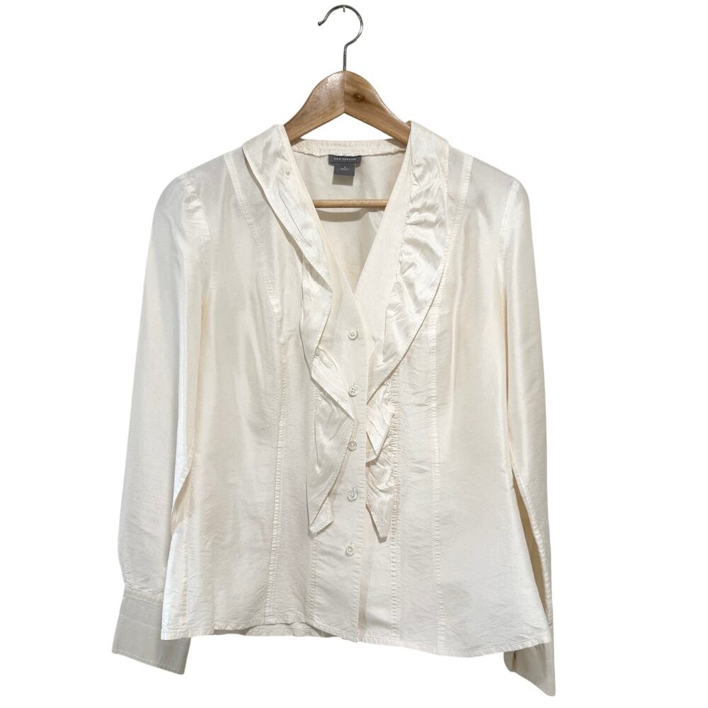 Ann Taylor 100% Silk Blouse Size 6 Blush Pink Ruffle Front Button Long Sleeve